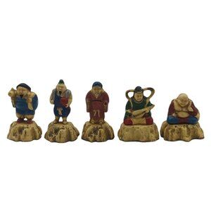 Vintage Japanese Gods Of Good Fortune Resin Figurines Shichifukujin Set Of 5 MCM